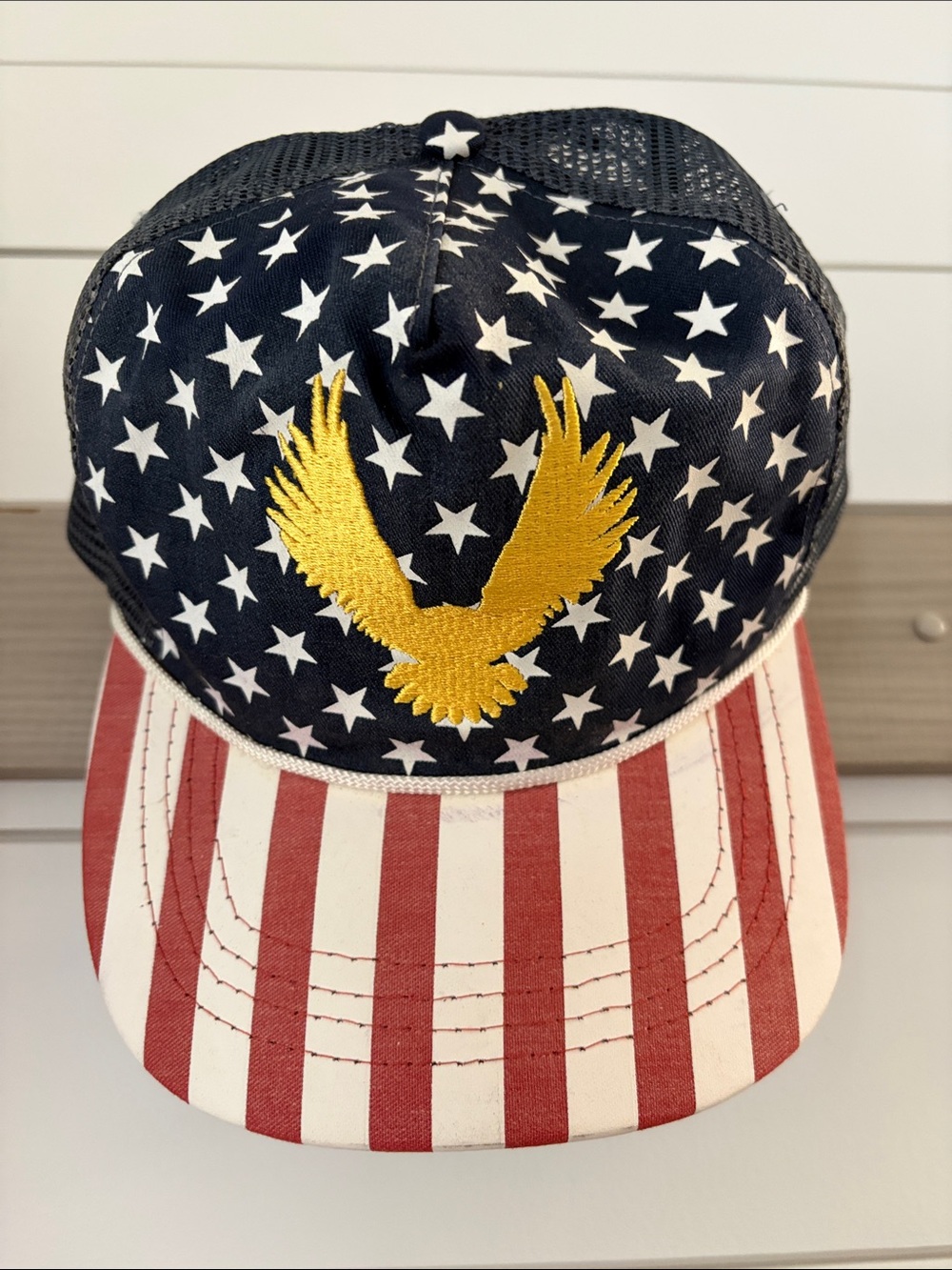 Patriotic Star & Stripe Trucker Hat with Gold Eagle red white blue USA maga